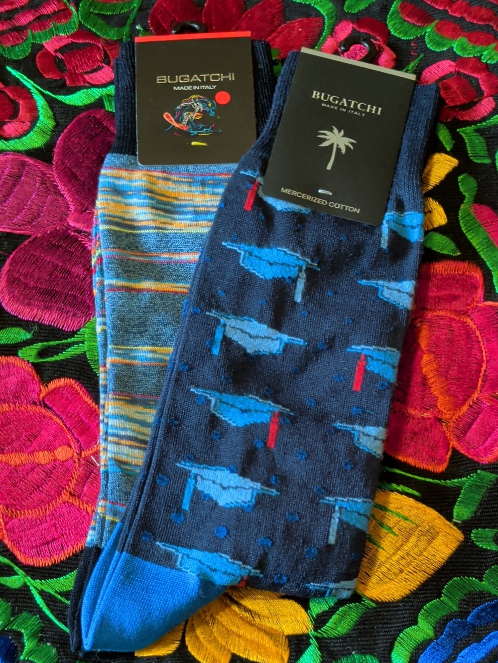 Bugatchi Navy and Sky Blue Patterned Mercerized Cotton Dress Socks - Pair Set